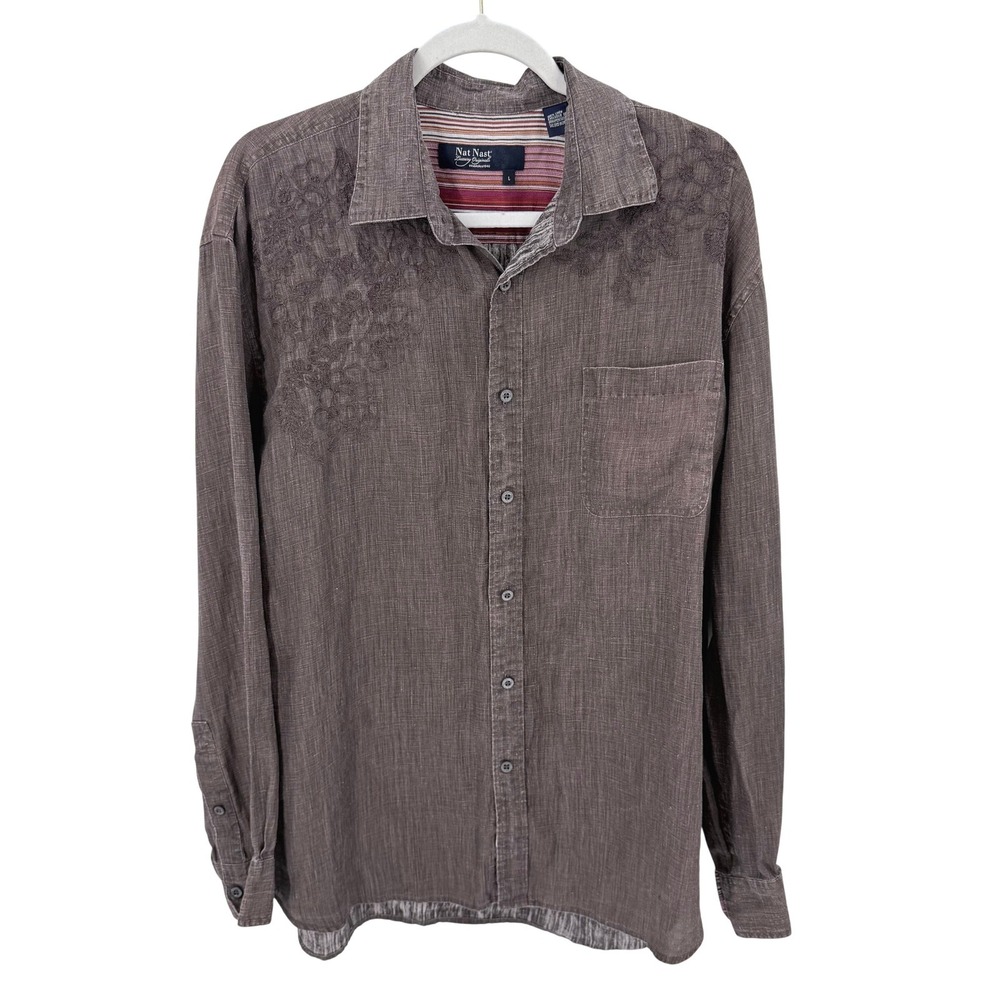 Nat Nast Mens Brown 100% Linen Embroidered Button Down Shirt Size L Long Sleeve